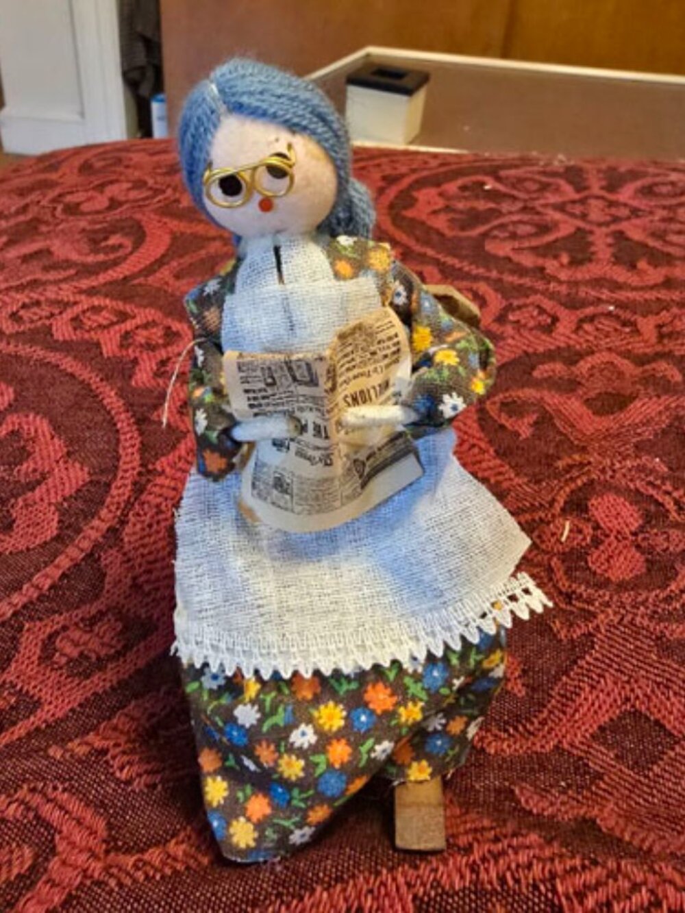 Grandma Doll in Rocking Chair Yarn Hair Glasses Newspaper Handmade Charm Vintage